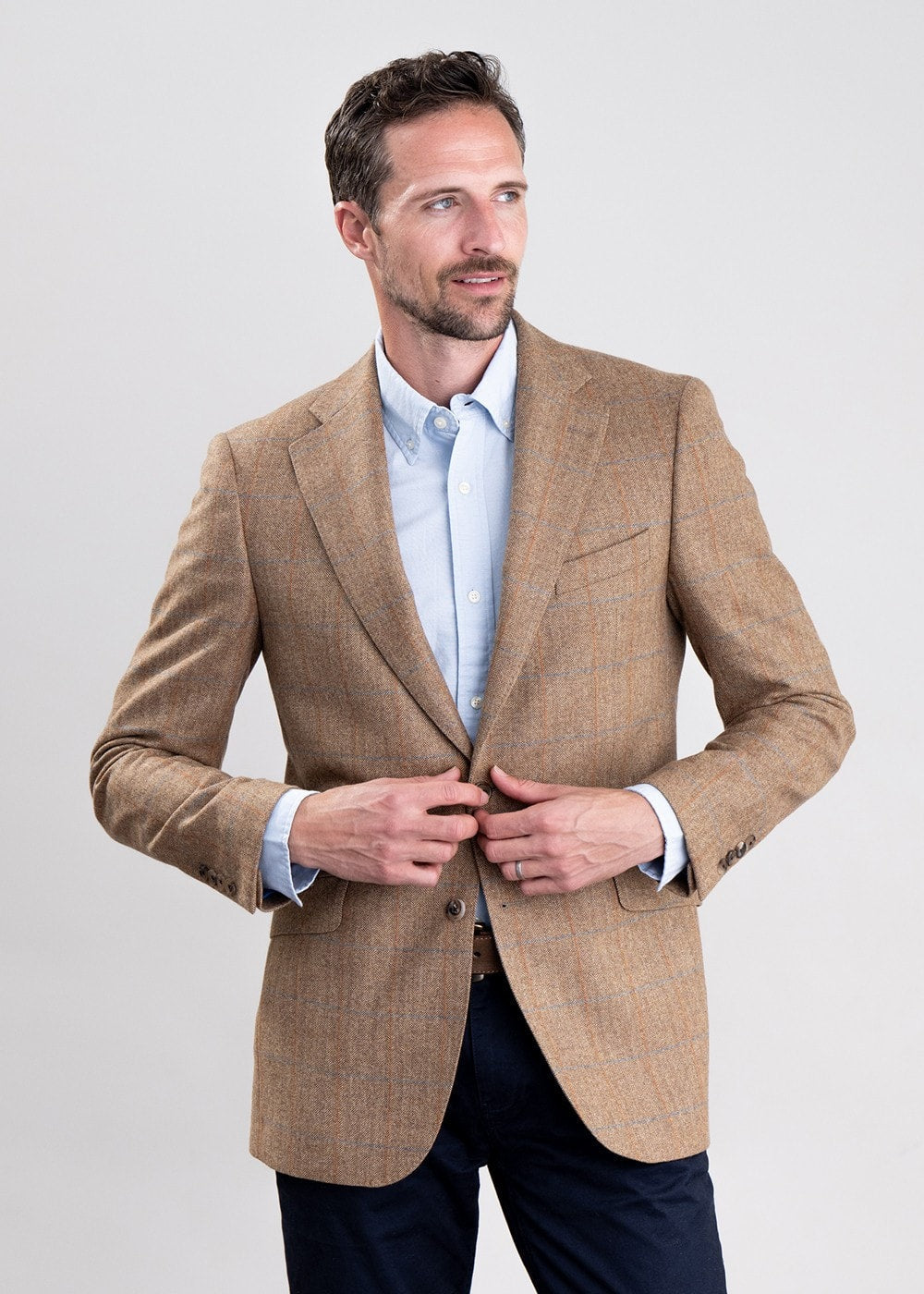 Hexham Tweed Jacket - Camel and Tan Twill with Gold and Blue Check - 3