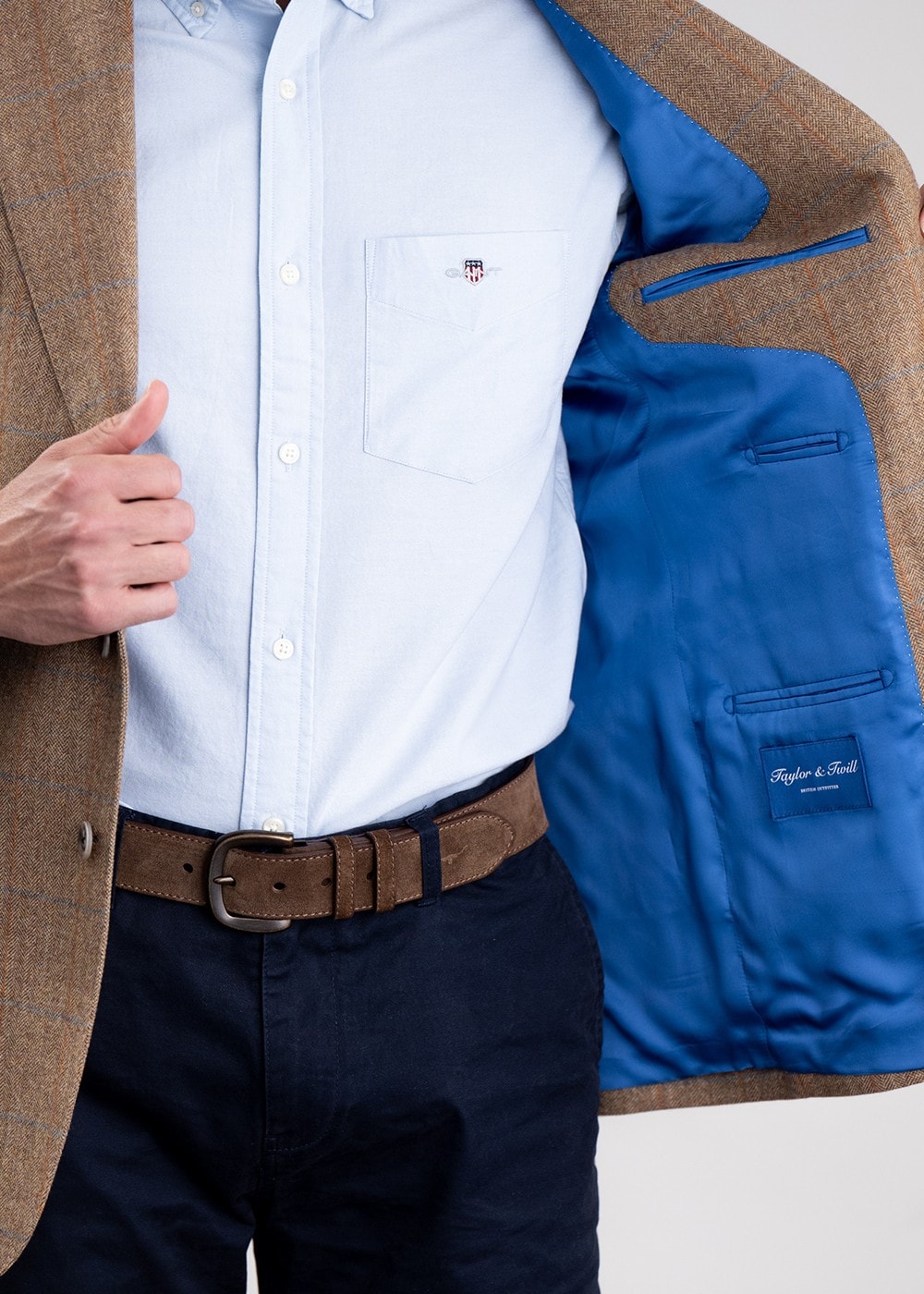 Hexham Tweed Jacket - Camel and Tan Twill with Gold and Blue Check - 5